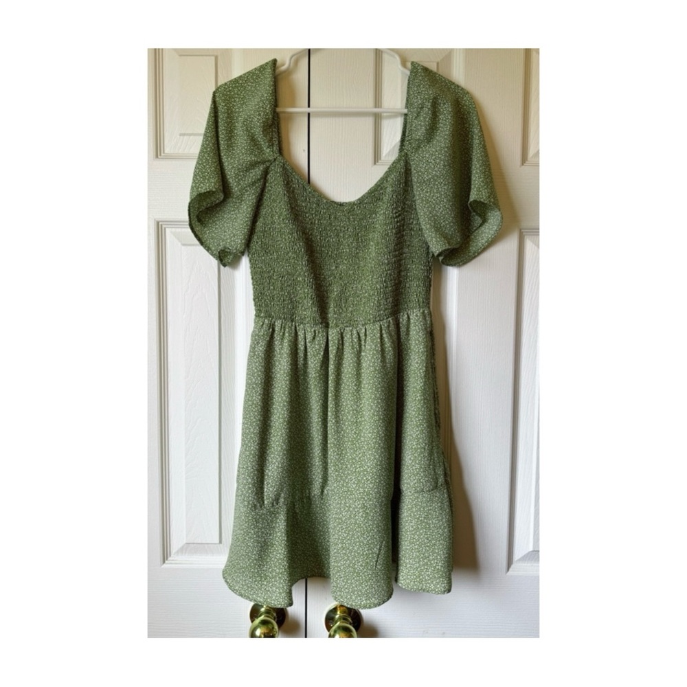 Abercrombie & Fitch Sage Green Puff Sleeve Smocked Mini Dress
